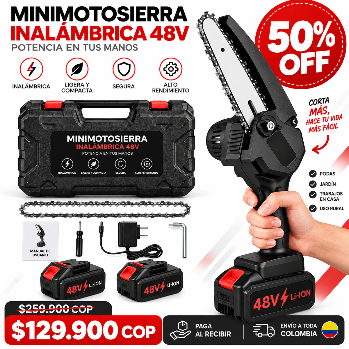 Minimotosierra Inalámbrica 48V para Poda y Jardín
